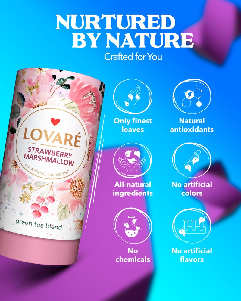 LOVARE Strawberry Marshmallow Loose Leaf Tea 80 g - Made in Ukraine - Green Tea, Strawberry, Cornflower Petals - Gift Box with 15 Paper Filters - Image 3